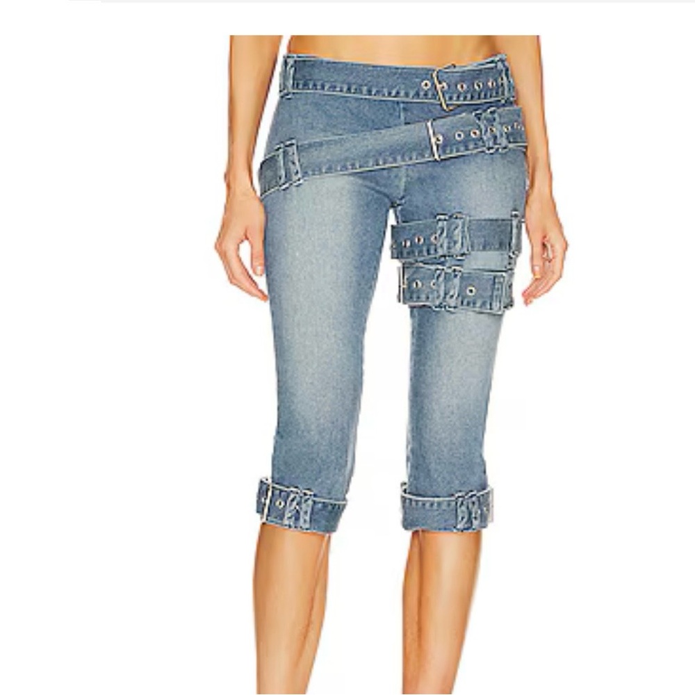 EB Denim designer cropped capri, cuffed Jeans with Belt Details. Sz M NWT